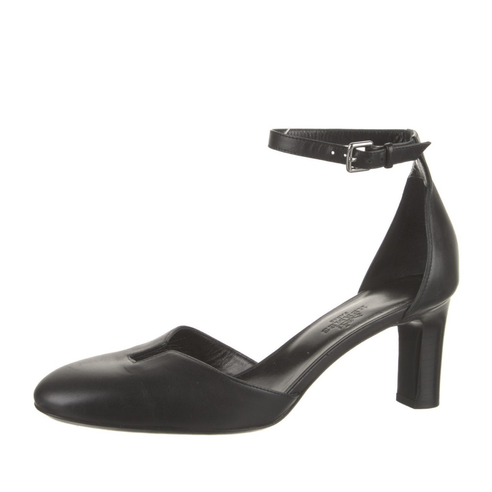 Hermes Vintage Black Leather Lady D’Orsay Ankle Strap Heel Sandals